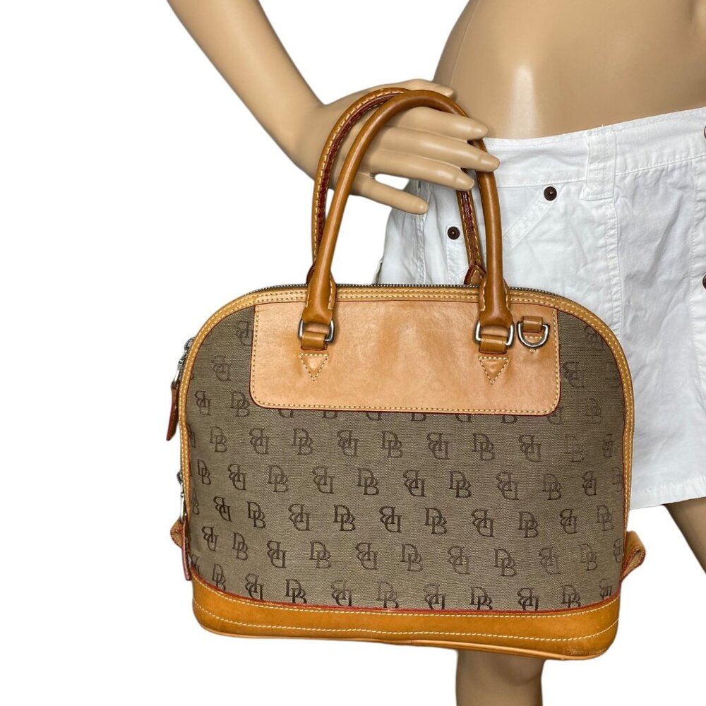 Vintage Dooney & Bourke Monogram Satchel Handbag Canvas Tan Leather